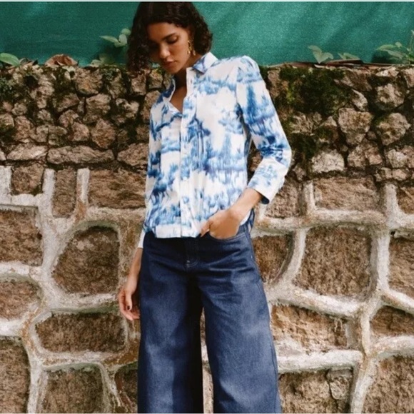 ZARA Printed Poplin Shirt  Collared Blouse Blue White  Size XS Womens New 3134 - Picture 1 of 7